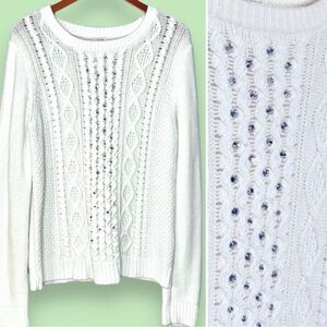 J.Crew Merino Wool Blend Embellished Sweater Large Cable Knit Rhinestones Ivory